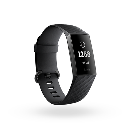 Fitbit Charge 3 with the time and current heart rate shown on the screen